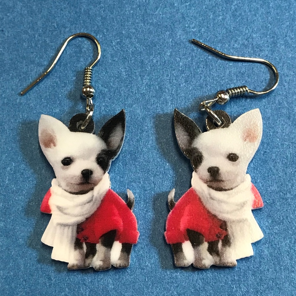 Puppy in White Scarf Acrylic Earrings 0240